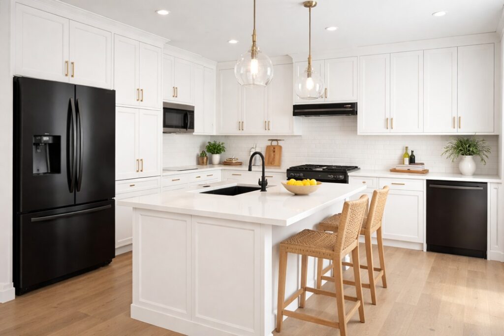 white kitchen with black appliances in Perth