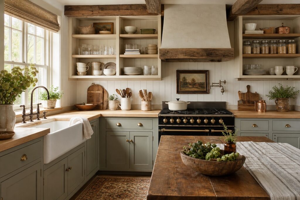 farmhouse style with open kitchen cabinets