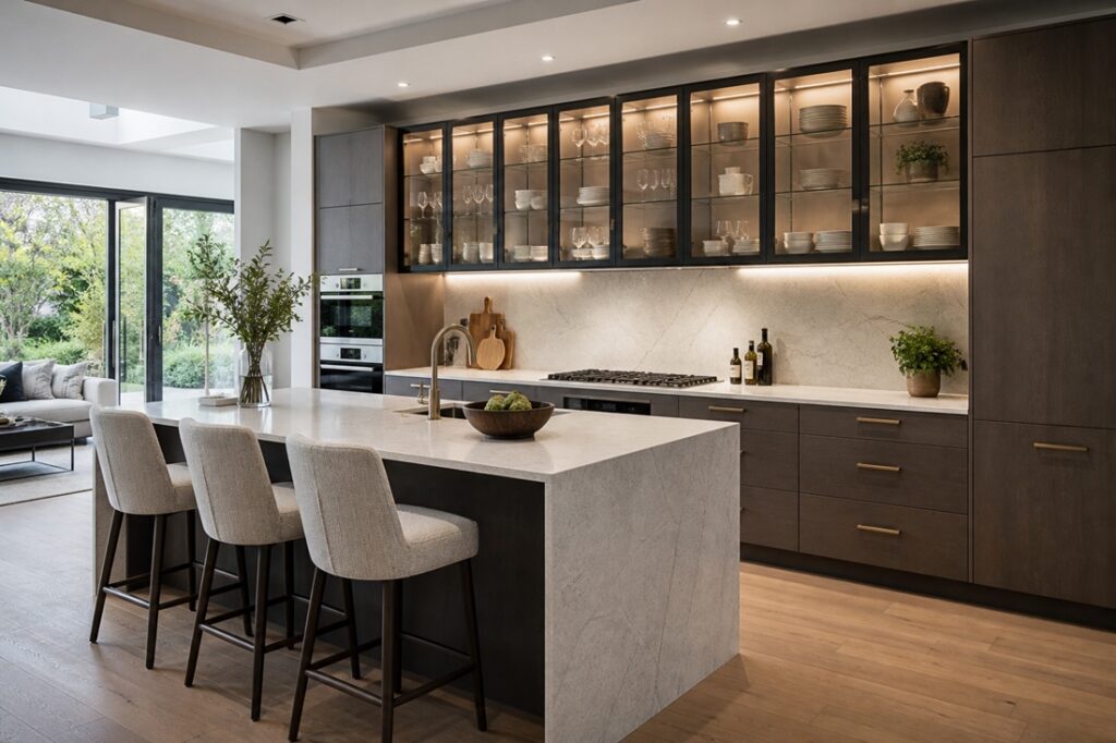 glass kitchen cabinets in a home in Perth