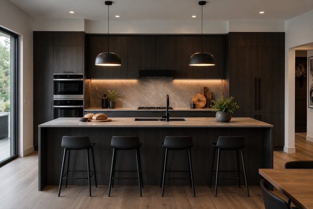 modern kitchen in Perth with dark laminate cabinet and smart lights