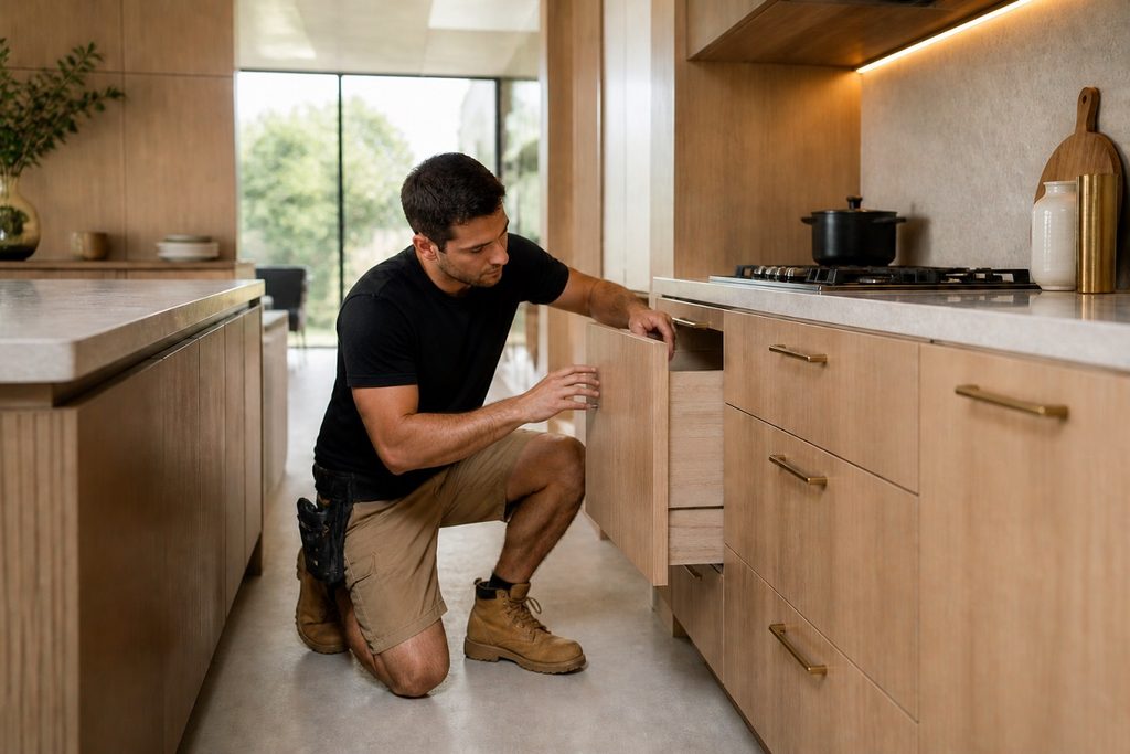 man working on installing a kitchen cabinet